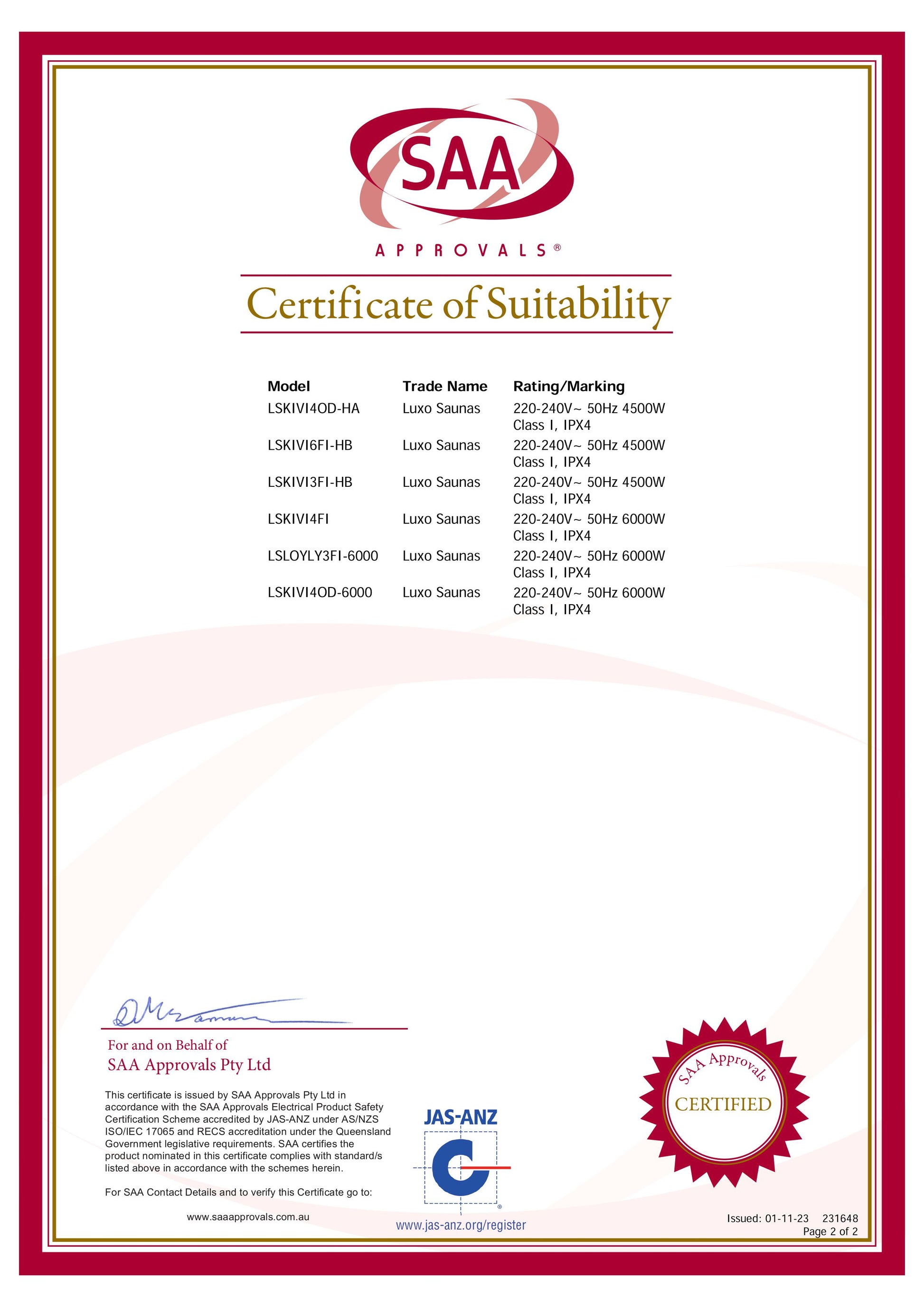 Certificate of Suitability for Kivi 4 Person Traditional Finnish Outdoor Home Sauna, featuring electrical ratings for six Luxo Saunas models, issued by SAA Approvals Pty Ltd, with JAS-ANZ certification.