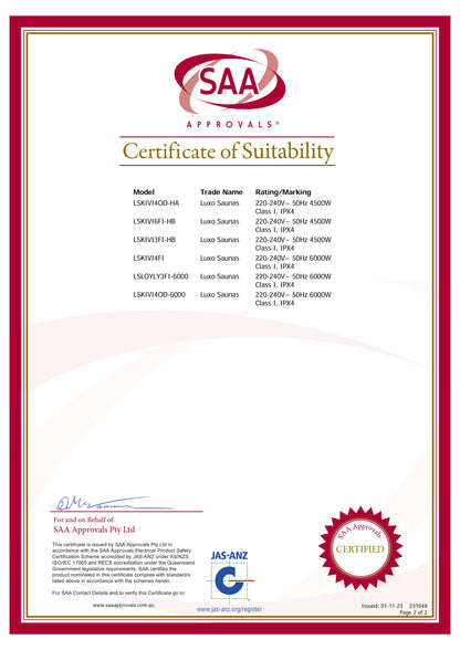 Certificate of Suitability for Kivi 4 Person Traditional Finnish Outdoor Home Sauna, featuring electrical ratings for six Luxo Saunas models, issued by SAA Approvals Pty Ltd, with JAS-ANZ certification.