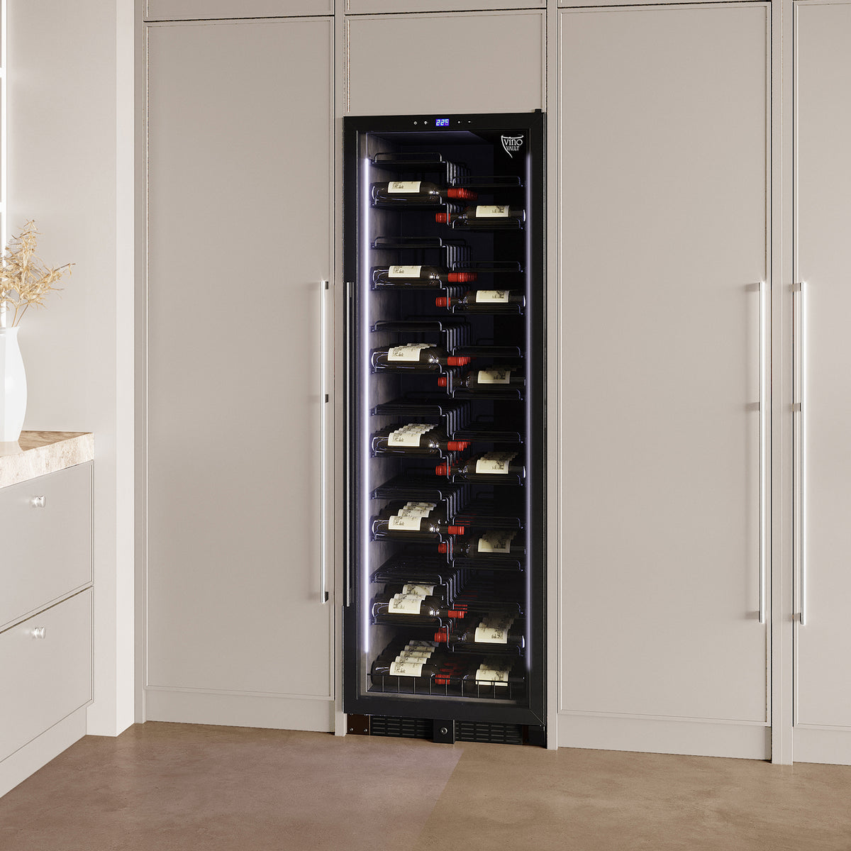The VinoVault 155 Bottle Built-In Single Zone Wine Fridge features a sleek black tempered glass door, chrome finishes, and customizable lighting for showcasing and protecting up to 155 wine bottles.