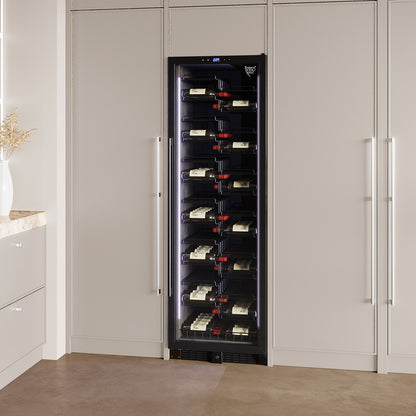 The VinoVault 155 Bottle Built-In Single Zone Wine Fridge features a sleek black tempered glass door, chrome finishes, and customizable lighting for showcasing and protecting up to 155 wine bottles.