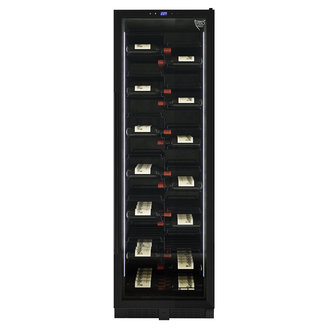 VinoVault 155 Bottle Built-In Single Zone Wine Fridge – Black, featuring a sleek black tempered glass door, chrome finishes, and visible wine bottles on telescopic shelves, designed for modern wine storage.