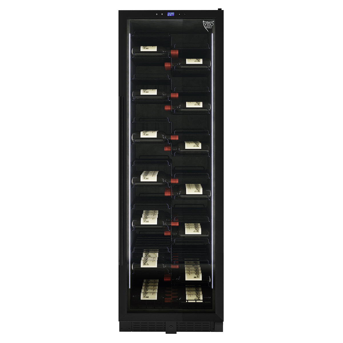 VinoVault 155 Bottle Built-In Single Zone Wine Fridge – Black, featuring a sleek black tempered glass door, chrome finishes, and visible wine bottles on telescopic shelves, designed for modern wine storage.