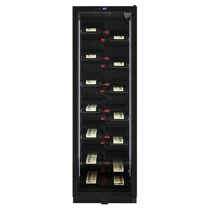 VinoVault 155 Bottle Built-In Single Zone Wine Fridge – Black, featuring a sleek black tempered glass door, chrome finishes, and visible wine bottles on telescopic shelves, designed for modern wine storage.