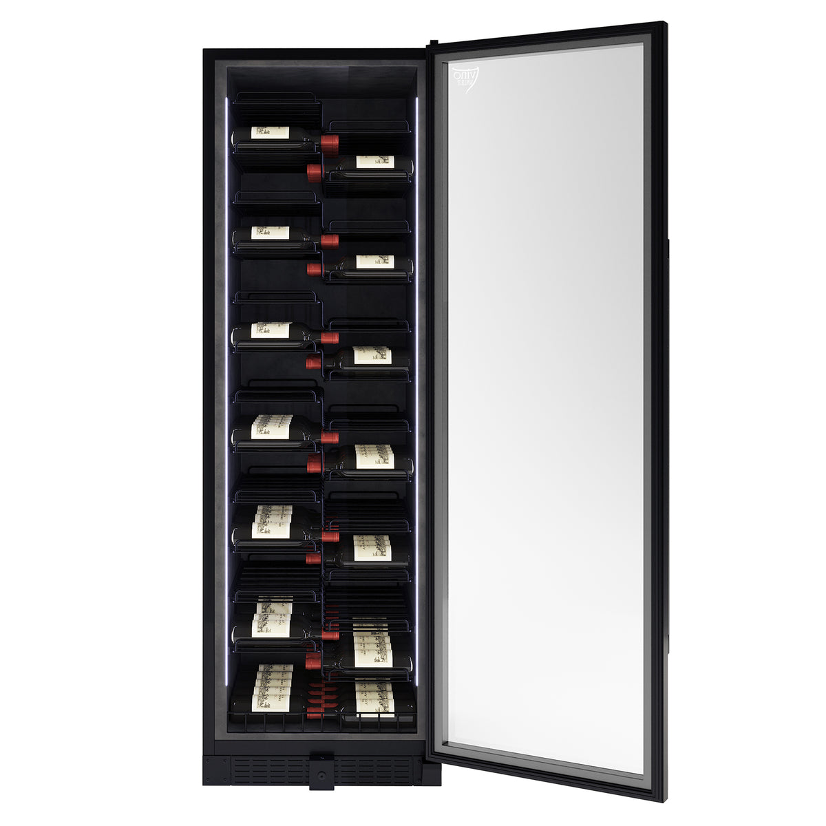 VinoVault 155 Bottle Built-In Single Zone Wine Fridge – Black, featuring a black tempered glass door, chrome finishes, and customizable lighting, ideal for storing and showcasing up to 155 wine bottles.