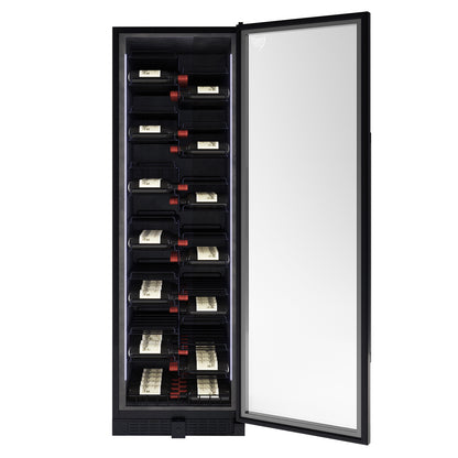 VinoVault 155 Bottle Built-In Single Zone Wine Fridge – Black, featuring a black tempered glass door, chrome finishes, and customizable lighting, ideal for storing and showcasing up to 155 wine bottles.