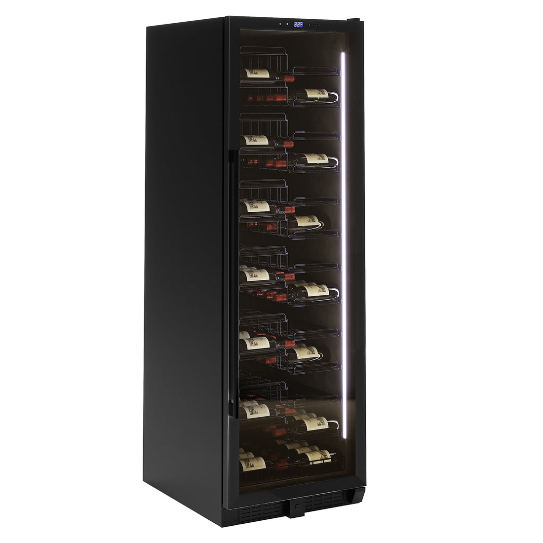 VinoVault 155 Bottle Built-In Single Zone Wine Fridge – Black, featuring black tempered glass and chrome finishes, filled with wine bottles, set against a minimalist backdrop.