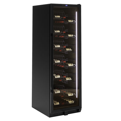 VinoVault 155 Bottle Built-In Single Zone Wine Fridge – Black, featuring black tempered glass and chrome finishes, filled with wine bottles, set against a minimalist backdrop.