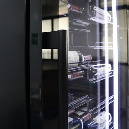 VinoVault 155 Bottle Built-In Single Zone Wine Fridge – Black with a sleek glass door, metal shelving, and a door-mounted touchscreen for temperature control, ideal for wine storage and display.
