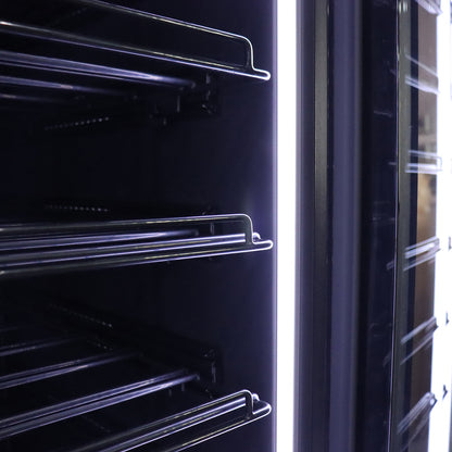 VinoVault 155 Bottle Built-In Single Zone Wine Fridge – Black, featuring a sleek black tempered glass door with a door-mounted touchscreen, showcasing its spacious interior for 155 bottles and customizable lighting.