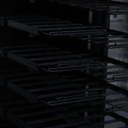VinoVault 155 Bottle Built-In Single Zone Wine Fridge – Black; features sleek black tempered glass with chrome finishes, customizable LED lighting, and visible telescopic shelves for optimal wine display and storage.