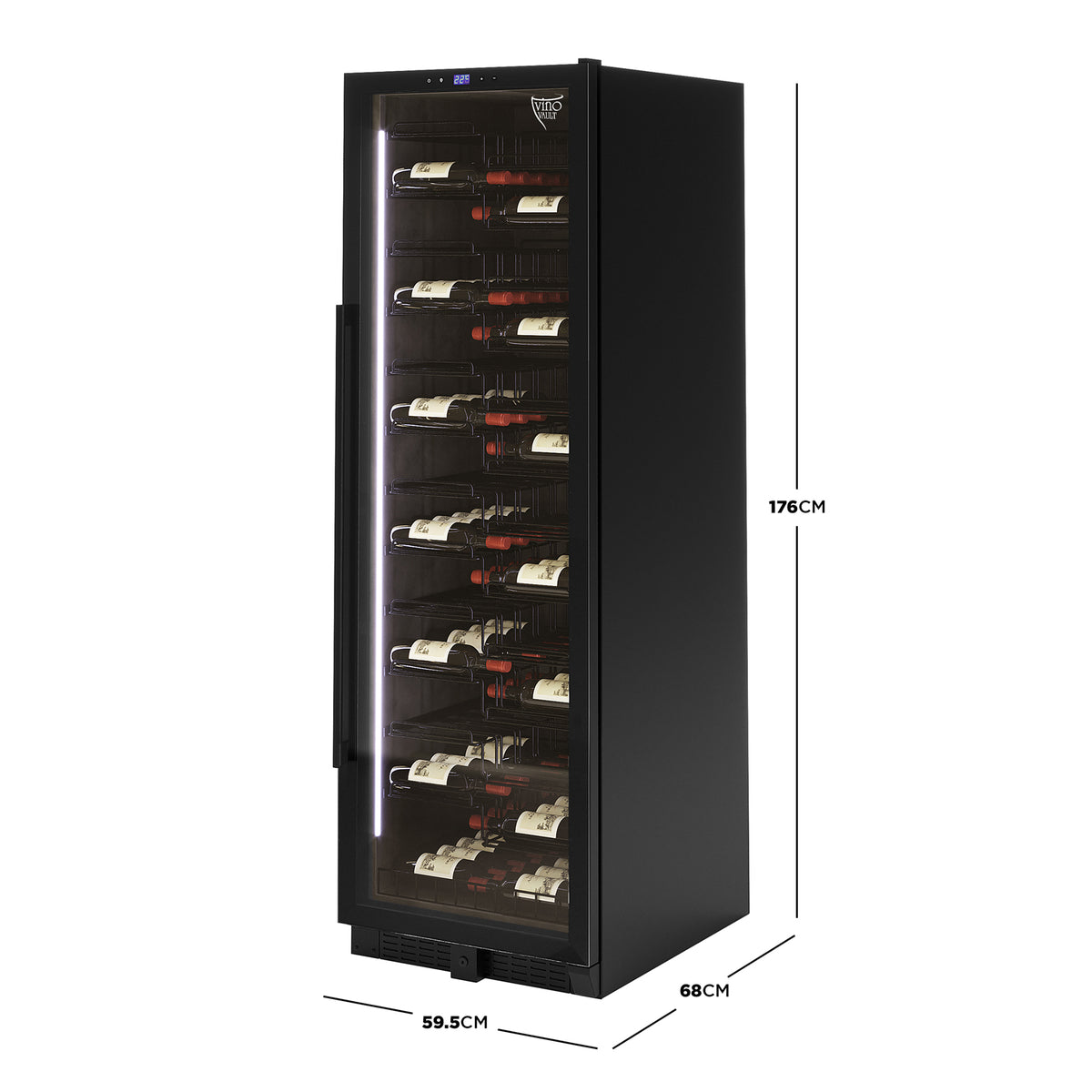 VinoVault 155 Bottle Built-In Single Zone Wine Fridge – Black with glass door, showcasing interior wine bottles on telescopic shelves; dimensions displayed.