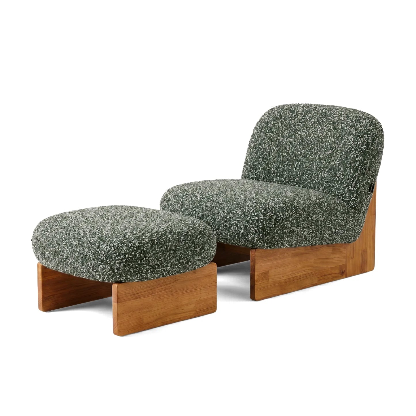 A low-profile lounge chair and matching ottoman featuring dark green speckled textured fabric on a solid natural wood base.