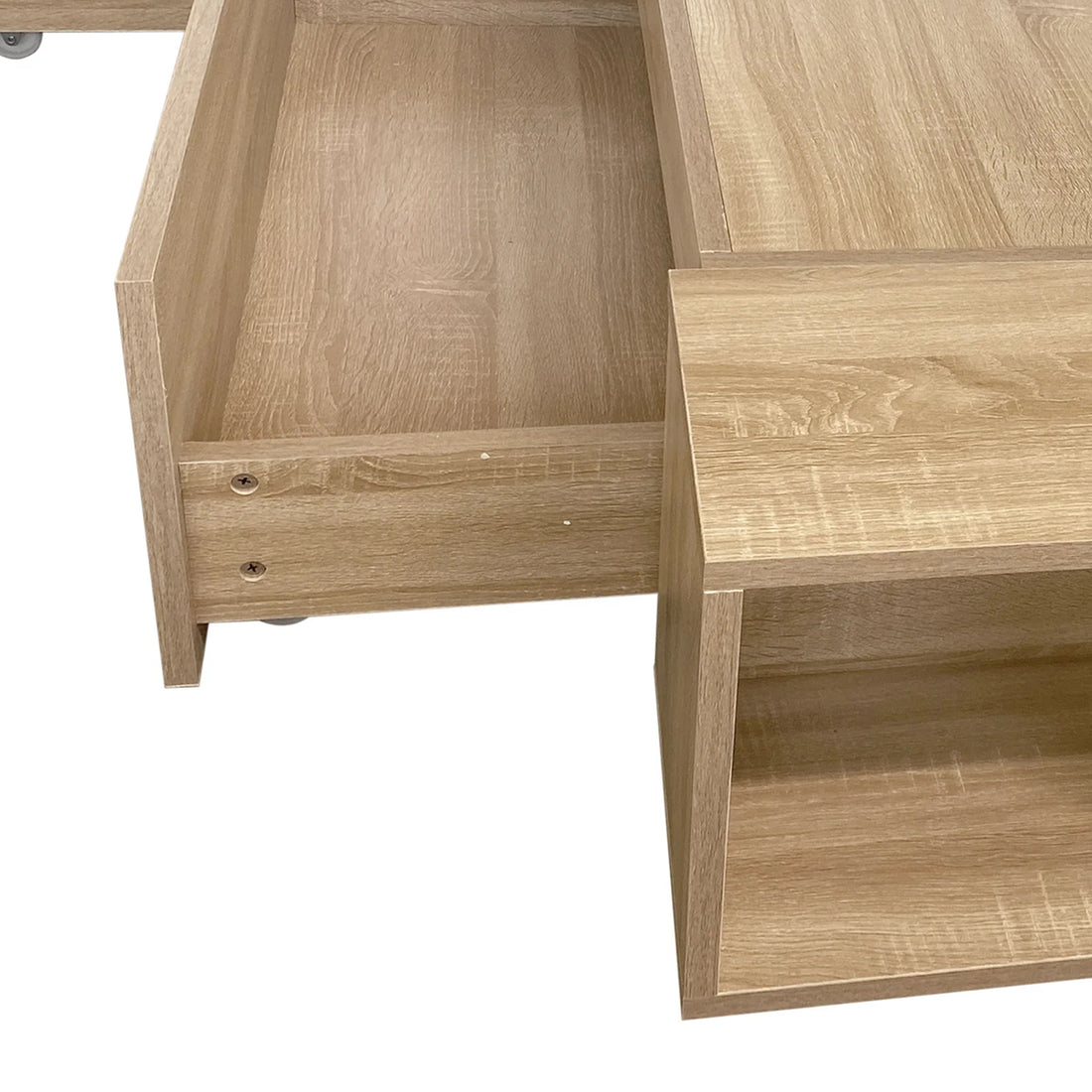 Eulalia King Platform Bed Base with Drawers in Oak, featuring a light-oak finish with a shallow pull-out drawer on the left and an open-front cubby on the right, showcasing clever storage design.
