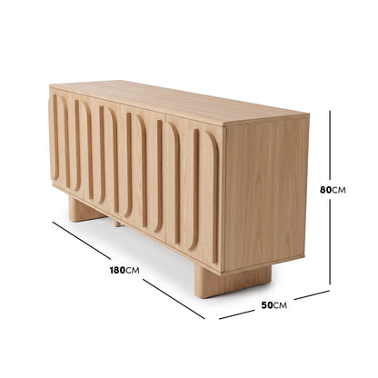 Wooden sideboard on white background with dimensions 180 cm by 50 cm by 80 cm shown