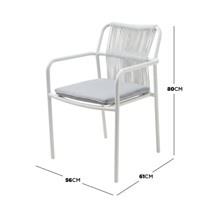 Evone 4 Seater Stone Outdoor Dining Table Set in Light Grey, featuring a sleek stone tabletop and sturdy aluminium frame, accompanied by four chairs with white cord backrests and light-grey cushions.