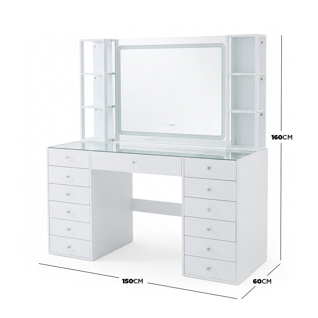 White vanity table with backlit mirror and dimension callouts on white background - Dimensions