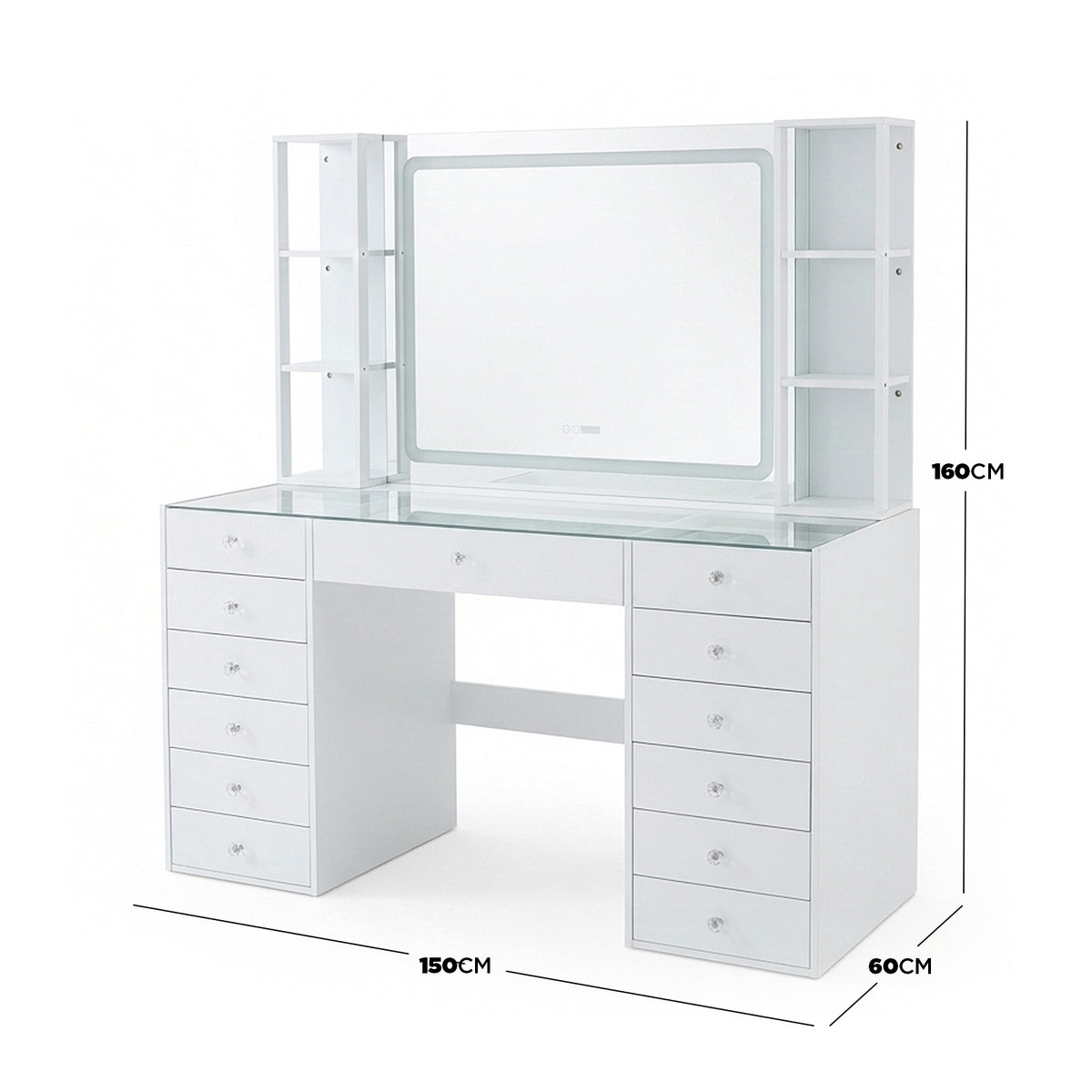 White vanity table with backlit mirror and dimension callouts on white background - Dimensions