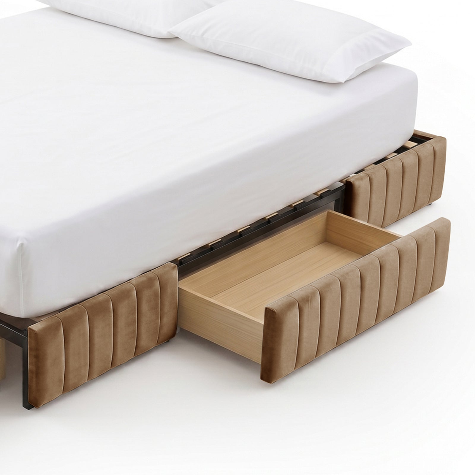 Under-bed storage drawer partly open with upholstered bed frame on white background