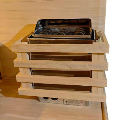 Sauna heater installed inside a wooden sauna room