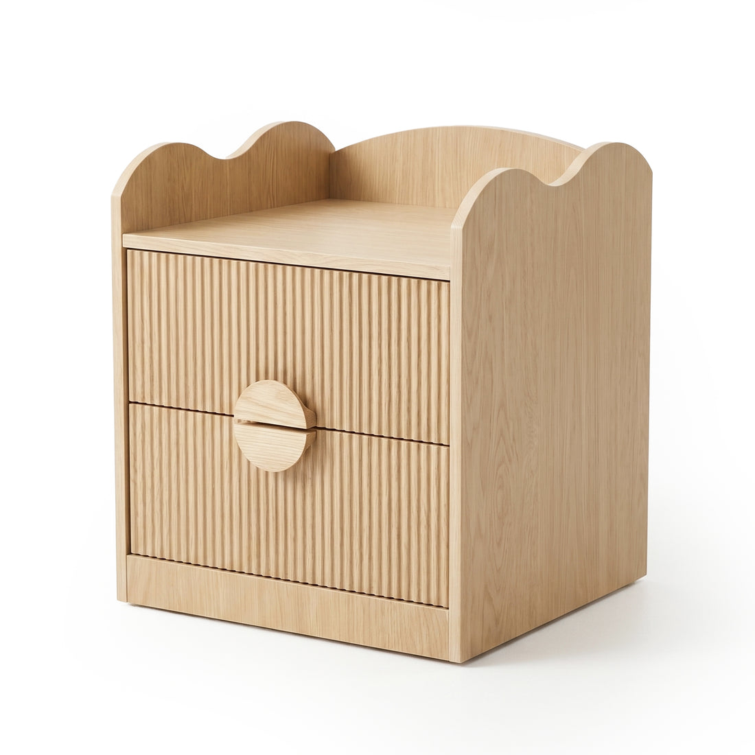 Wooden nightstand with scalloped top edges and ribbed drawers on white background