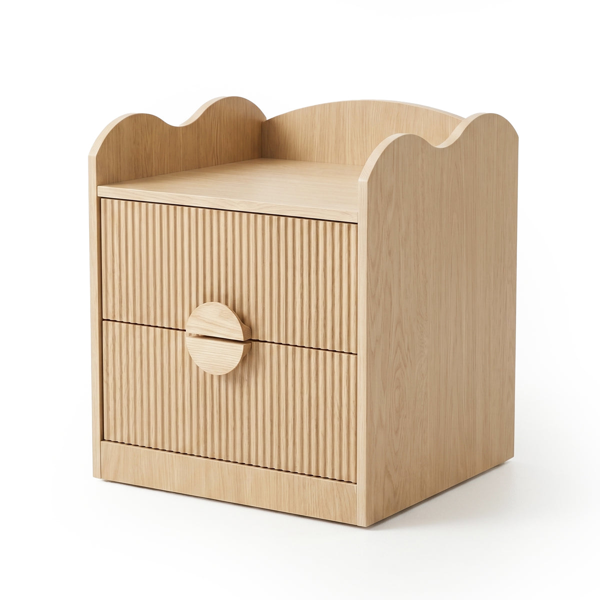 Wooden nightstand with scalloped top edges and ribbed drawers on white background