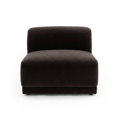 Dark velvet armless accent chair on white background