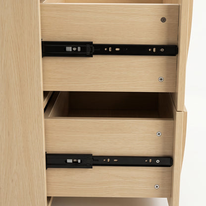 Close-up of wooden drawers with exposed metal slide mechanisms