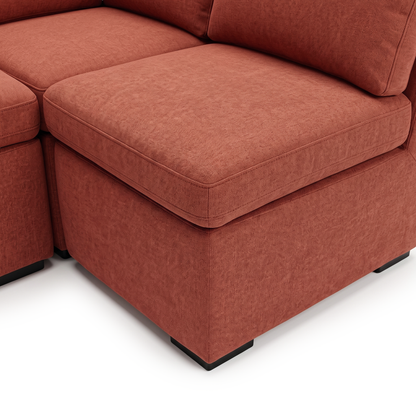 Close-up of rust terracotta sectional seat cushion and upholstery
