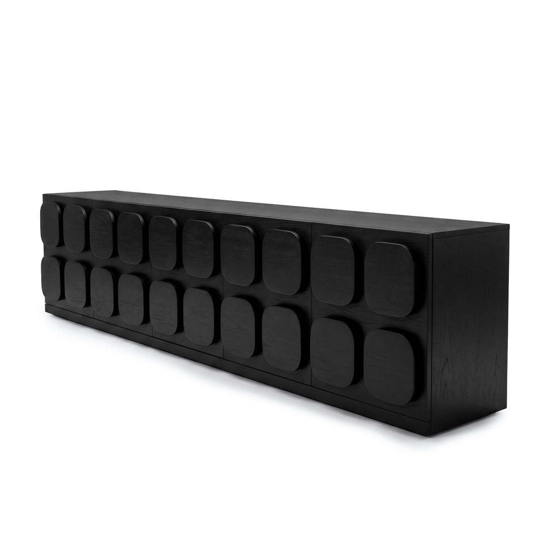 Long black sideboard with geometric front panels on a white background