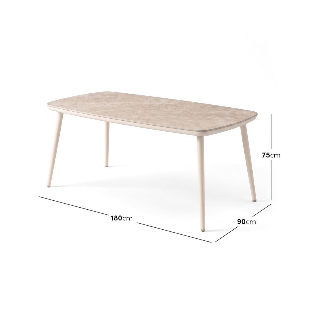 Rectangular dining table with labeled dimensions on a white background