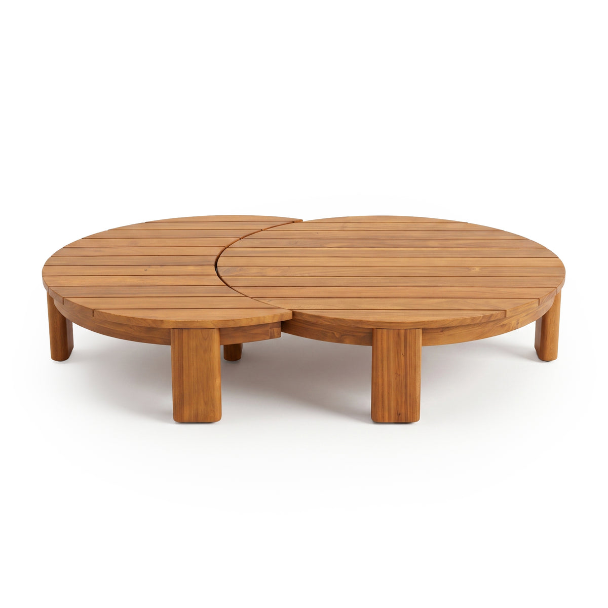 Two-part round wooden coffee table set with slatted tops on a white background.