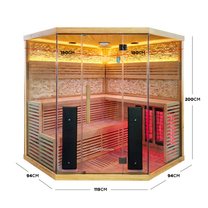 Full corner infrared sauna on a white background with dimension markers shown in centimeters. - Dimensions