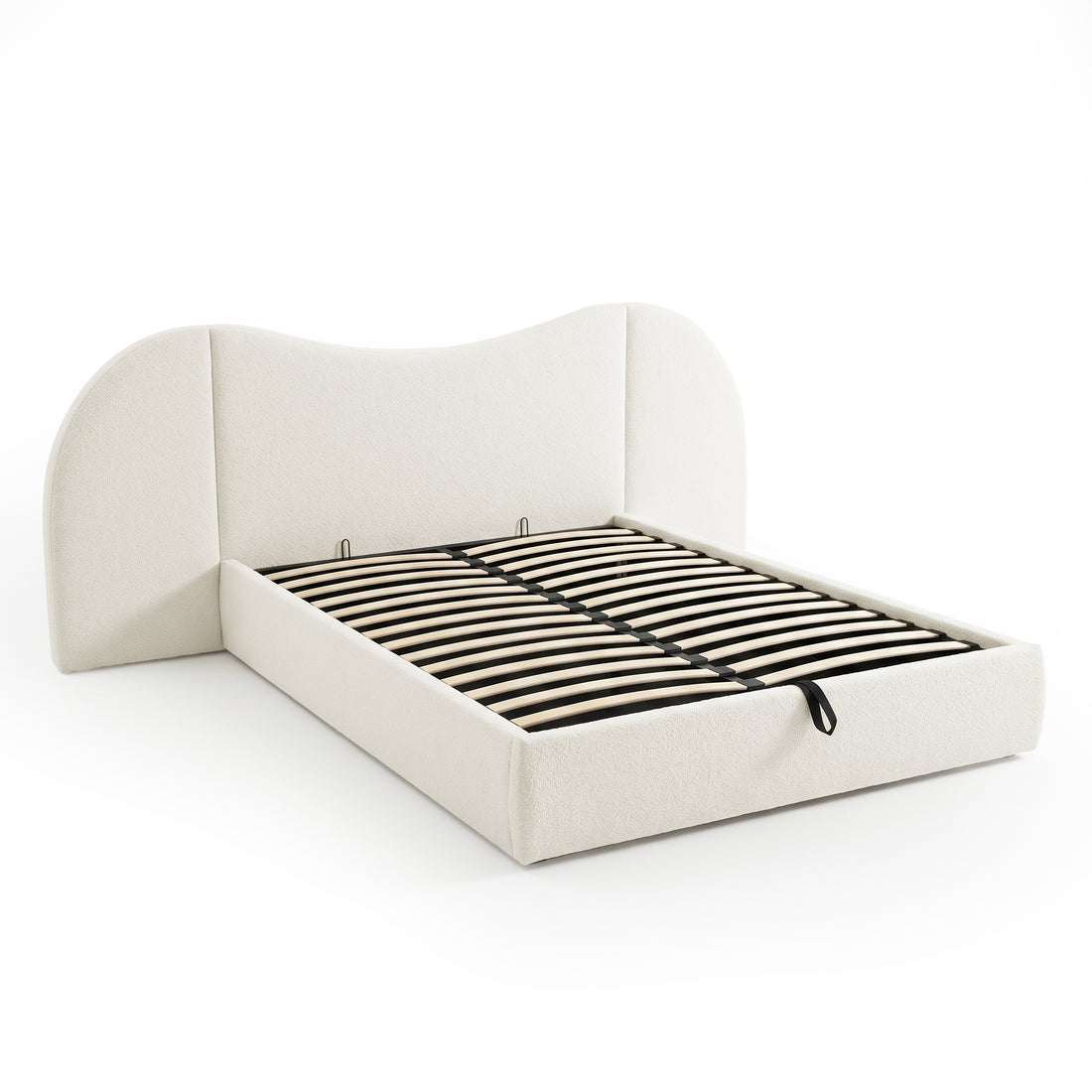 Modern upholstered bed frame with slatted base on white background