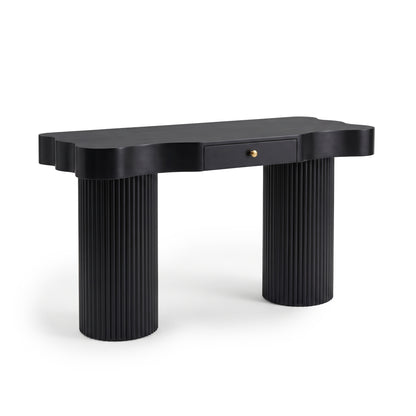Black modern console table with wavy-edged top and fluted pillar legs on a white background