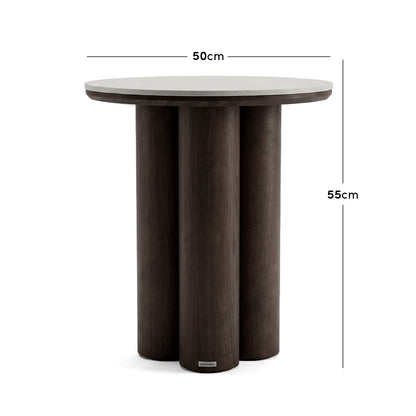 Round side table on white background with dimensions 50cm diameter and 55cm height