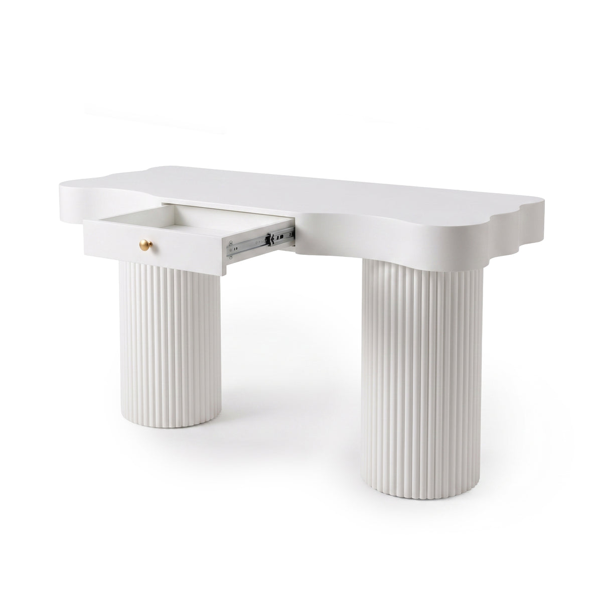 White modern desk with wavy tabletop, fluted legs, and partially open drawer on a white background