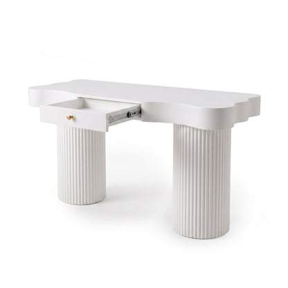White modern desk with wavy tabletop, fluted legs, and partially open drawer on a white background