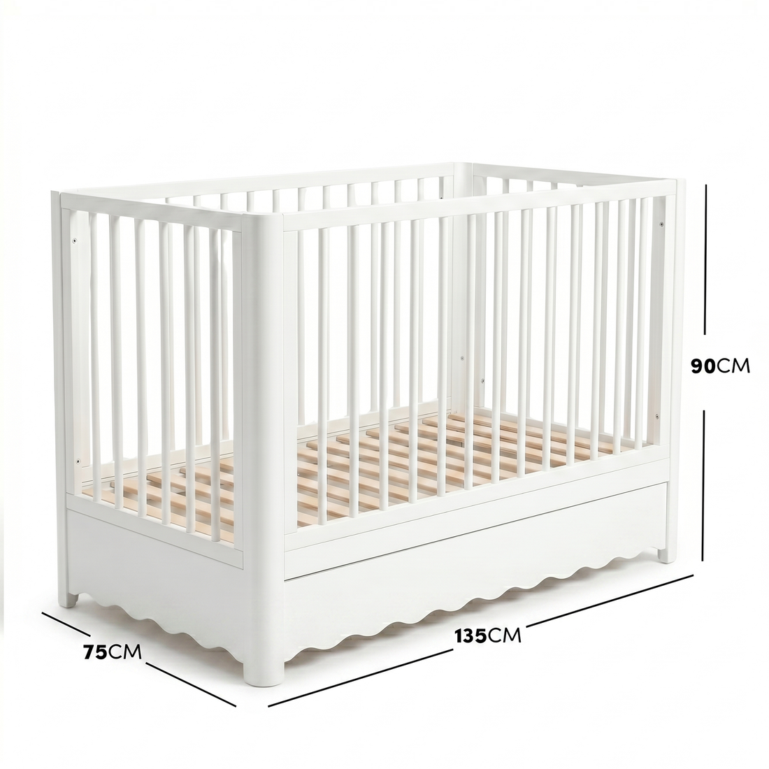 White baby crib on white background with overlaid dimensions marking height, length and width