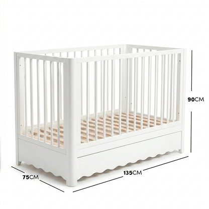 White baby crib on white background with overlaid dimensions marking height, length and width