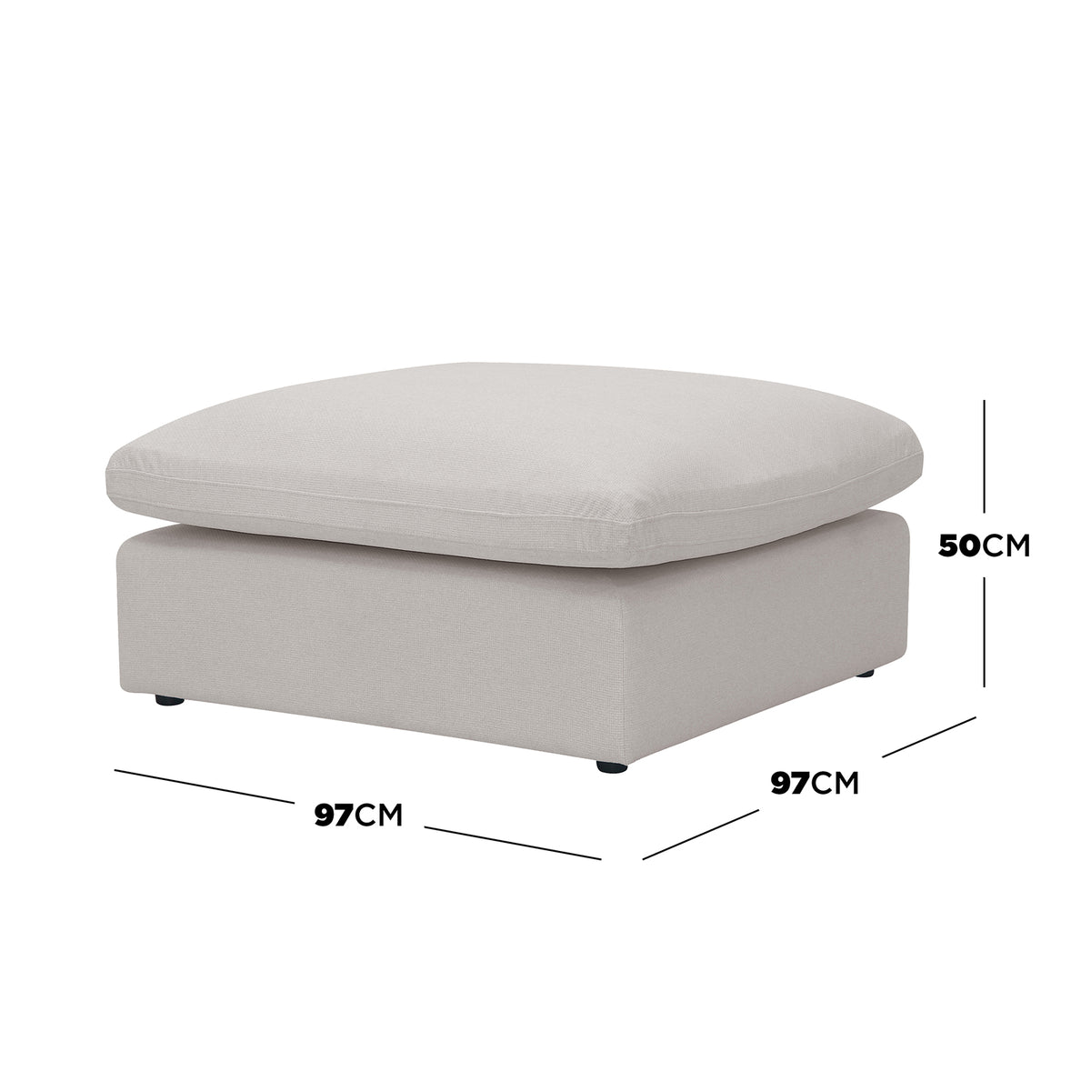 Square light beige ottoman on a white background with dimensions labeled 97cm by 97cm by 50cm