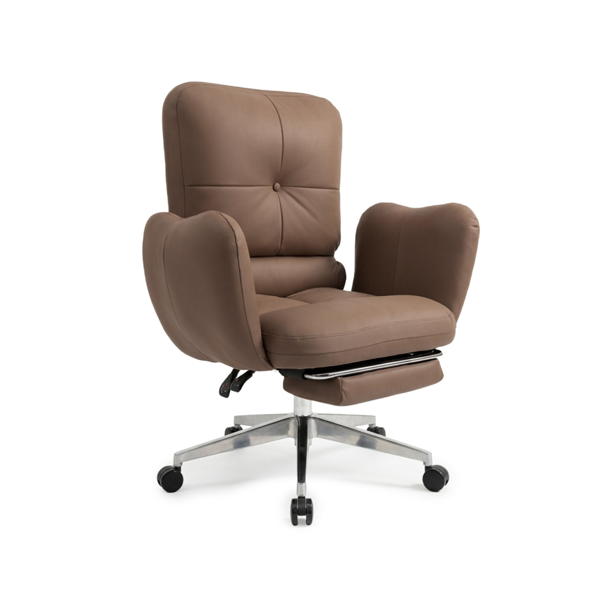 Brown leather office or lounge chair with cushioned seat, tufted back, armrests, footrest, and wheeled base on a white background