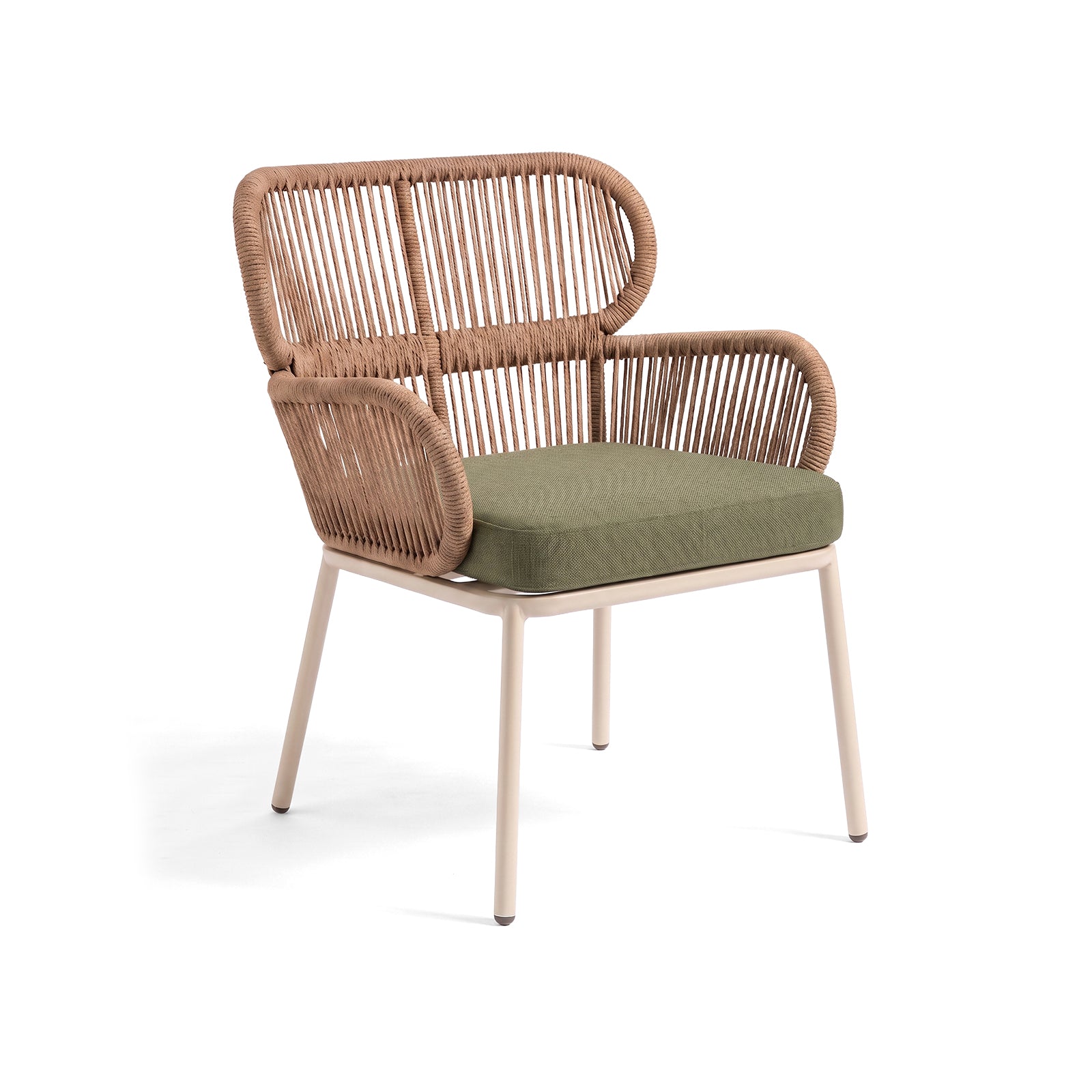 Modern chair with woven backrest and green cushion on a white background