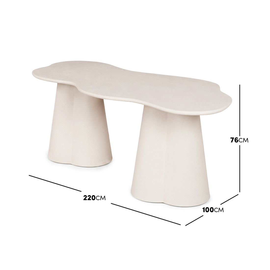 Organic-shaped dining table on a white background with dimension lines showing 220cm by 100cm by 76cm