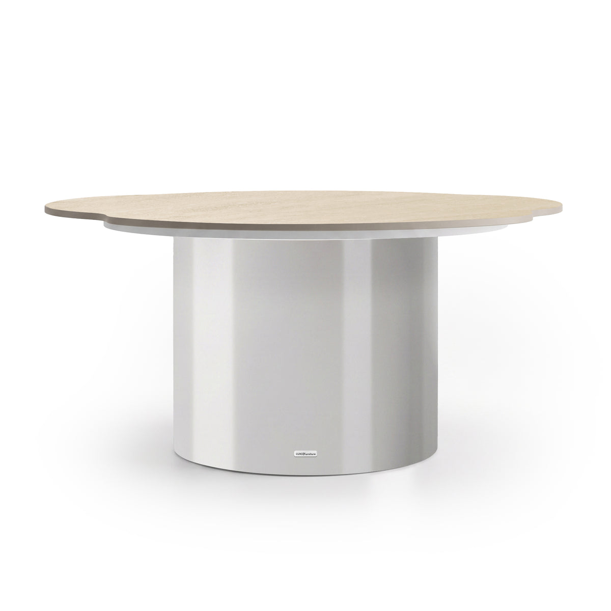 Round modern table with a light wood top and metallic cylindrical base on a white background
