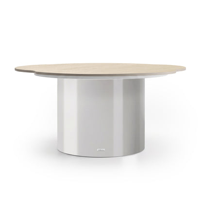 Round modern table with a light wood top and metallic cylindrical base on a white background