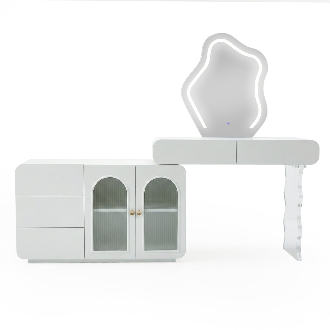 White two-section vanity with acrylic leg and illuminated mirror on white background