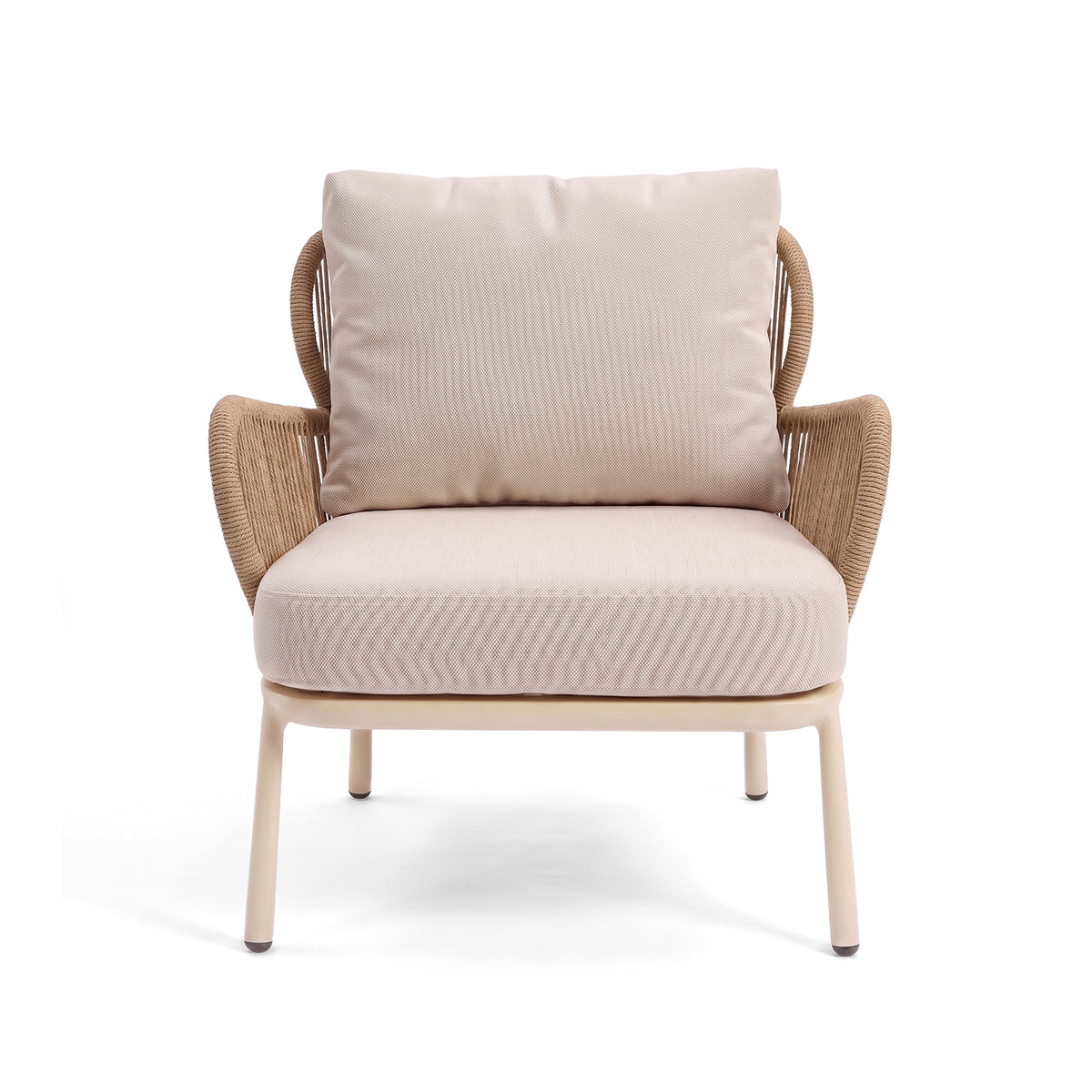 Modern armchair with beige cushions and woven armrests on a white background