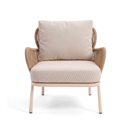 Modern armchair with beige cushions and woven armrests on a white background
