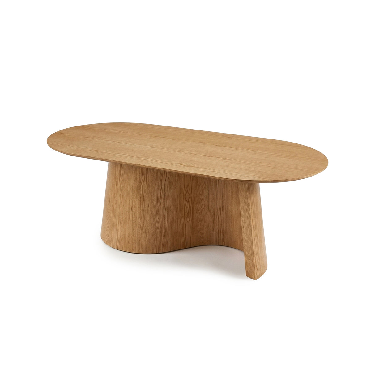 Modern wooden coffee table with oval top and asymmetric cylindrical base on white background