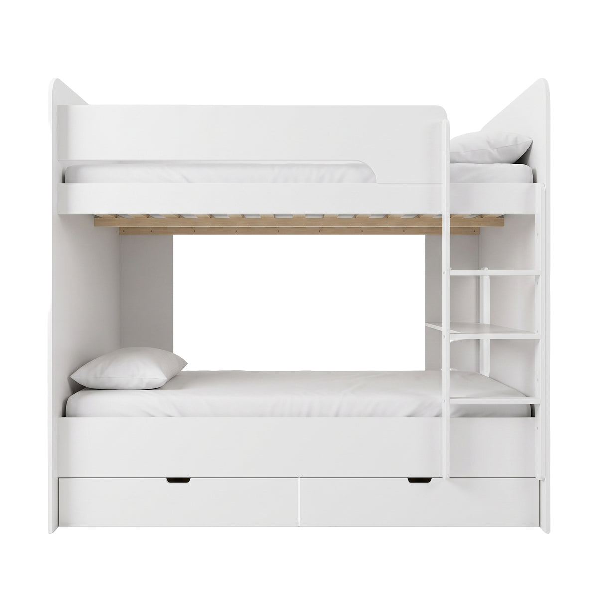 White bunk bed with two beds, ladder, and storage drawers on a white background